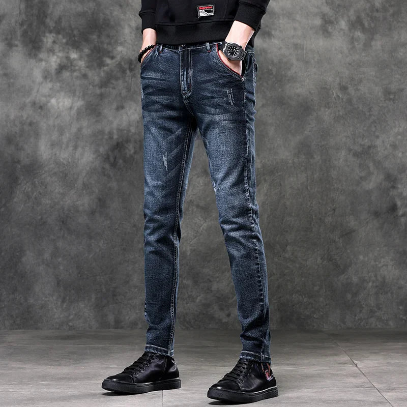Jeans Men's Denim Stretch Slim Casual Trendy Pants Small Feet Fashion Work Daily Long New Brand Male