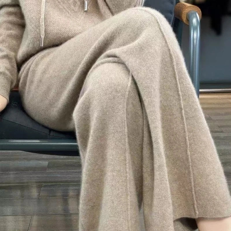 Women's Wide Leg Trousers High Waist Wool Mix Lounge Pants