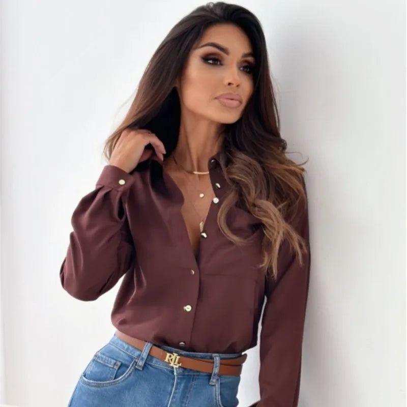Women’s Linen Long-Sleeve Button-Up Shirt Classic Relaxed Fit Blouse