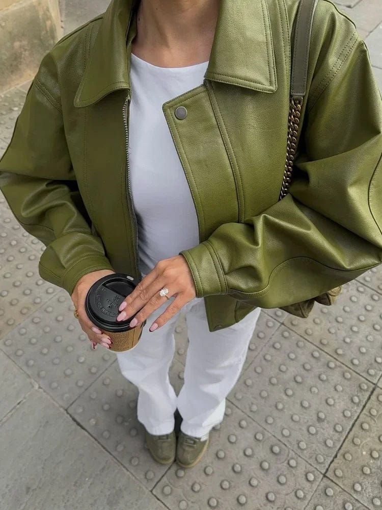 Lily-Rose - Vegan Leather Olive Green Leather Jacket In Olive Green