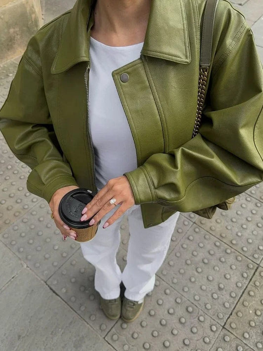 Lily-Rose - Vegan Leather Olive Green Leather Jacket In Olive Green