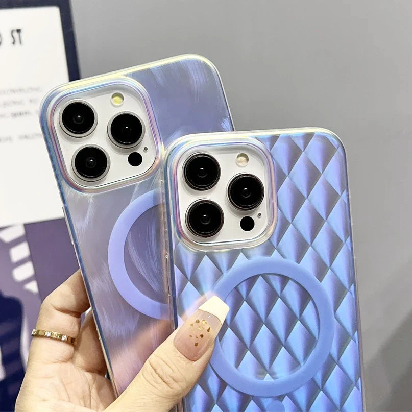 Luxury Feather Laser Aurora Magsafe Case for iPhone 15 16 14 11 12 13 Pro Max Acrylic Armor PC Shockproof Cover for iPhone 15Pro