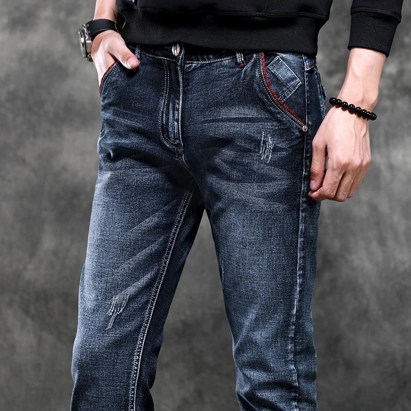 Jeans Men's Denim Stretch Slim Casual Trendy Pants Small Feet Fashion Work Daily Long New Brand Male