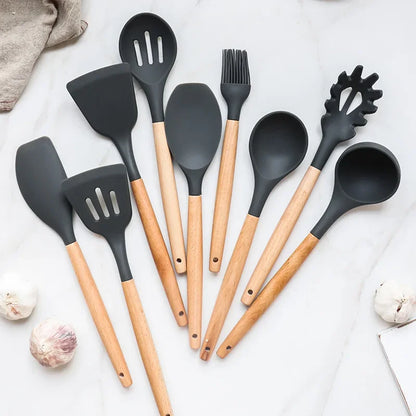 ChefEase – 12-Piece Silicone Kitchen Utensil Set with Wooden Handles