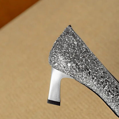 Stella | Women's Glitter Block Heel Pumps Pointed Toe Crystal Buckle
