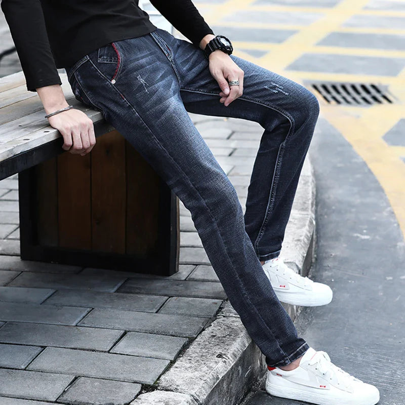 Jeans Men's Denim Stretch Slim Casual Trendy Pants Small Feet Fashion Work Daily Long New Brand Male