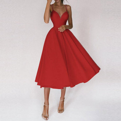 Women’s Midi Dress Flared Skirt Structured Bodice Strap Detail