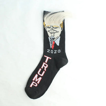 Funny President Donald Trump Socks with 3D Fake Hair Crew Socks Mens Compression Socks Streetwear Hip Hop 2022