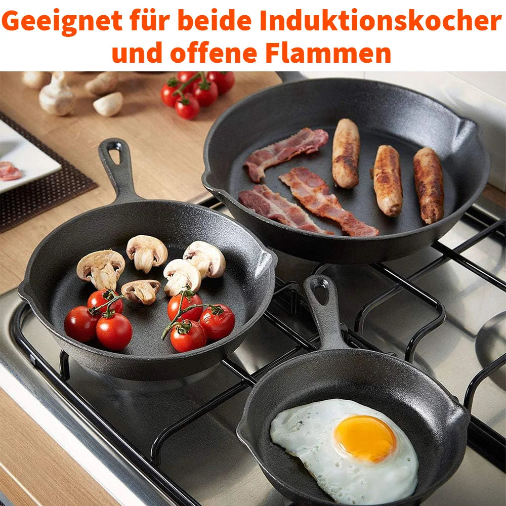 Gietijzeren Koekenpannenset 3-delig 16-20-26cm Inductie Gasfornuis Ongecoat Braadpan Omeletpan Roerbakpan Zwart | Restfield