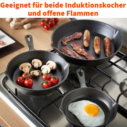 Gietijzeren Koekenpannenset 3-delig 16-20-26cm Inductie Gasfornuis Ongecoat Braadpan Omeletpan Roerbakpan Zwart | Restfield