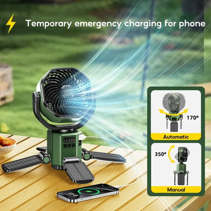 Solar Camping Fan mit 6000mAh Batterie, LED Licht & 4-Geschwindigkeits-Kühlung – SunBreeze