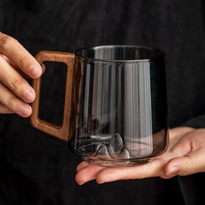 Glass Coffee Mug Borosilicate 4 in Heat-Resistant Mountain Peak Design Wooden Handle Everyday Tea Coffee Cup | Thomler