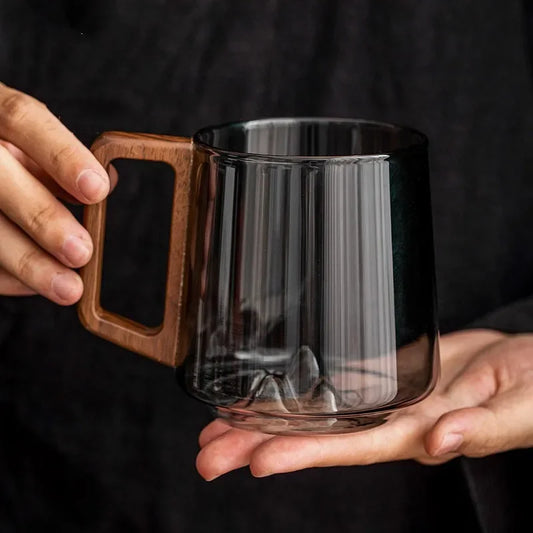 Glass Coffee Mug Borosilicate 4 in Heat-Resistant Mountain Peak Design Wooden Handle Everyday Tea Coffee Cup | Thomler