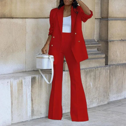 Women’s Double-Breasted Blazer – Elegant Tailored Fit with Flared Hem