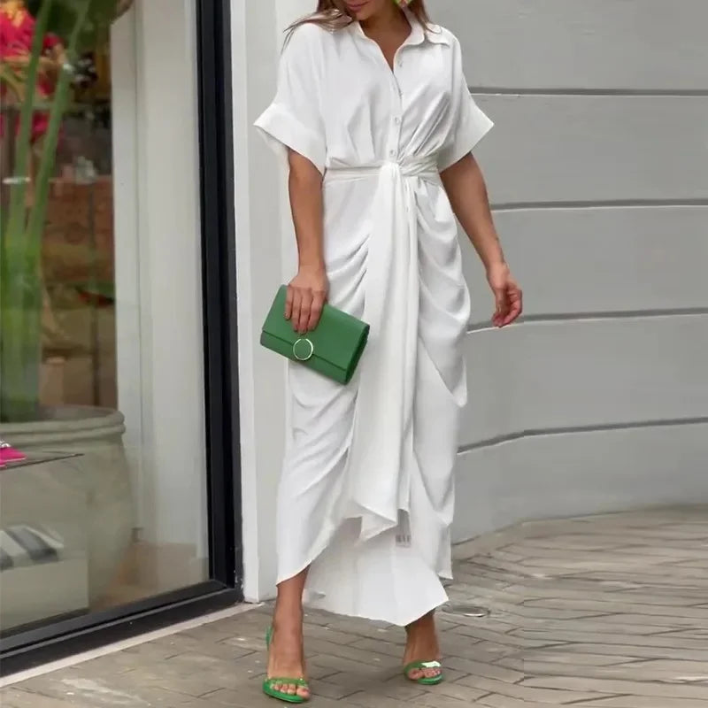 Robe femme midi imprimée ceinturée col chemise manches courtes élégante chic