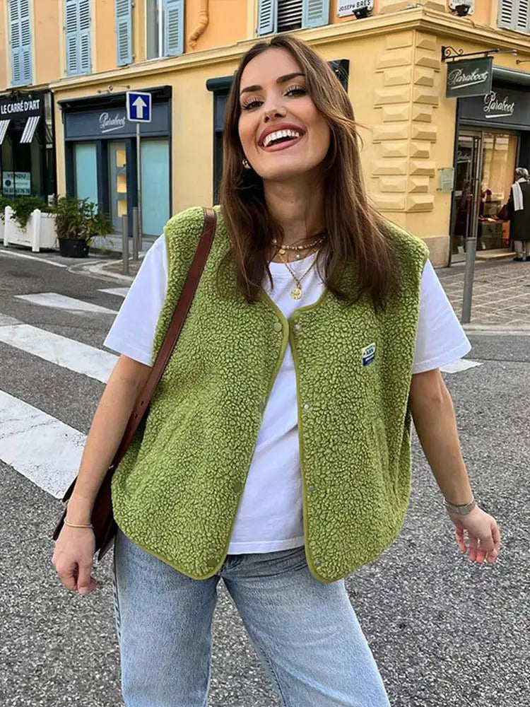 Élirée - Ärmellose Frühlingsweste aus Wolle für Frauen, Trendy, mit Knöpfen, in einfarbigen Farben