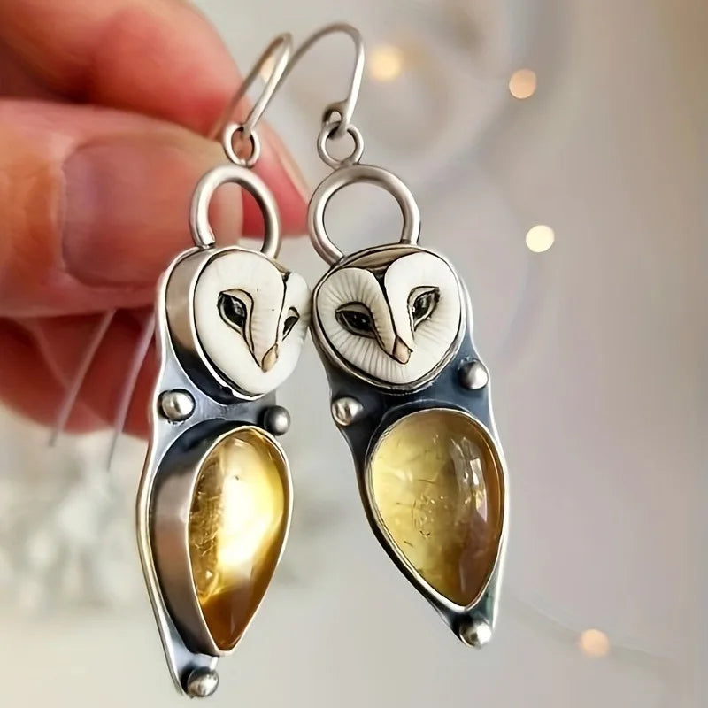 Silver-Tone Owl Earrings with Golden Citrine Gemstone Drops