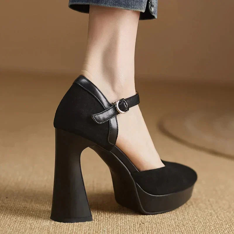Women's Platform Block Heel Pumps Ankle Strap High Heels