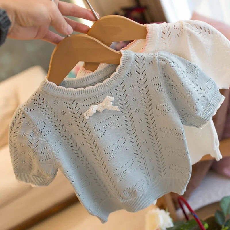 MILANCEL New Summer Kids Knitted Short Sleeves 1-5T Cute Color Blocking Bow Girls Hollow Out T-shirt Children Sweet Outwear Tops