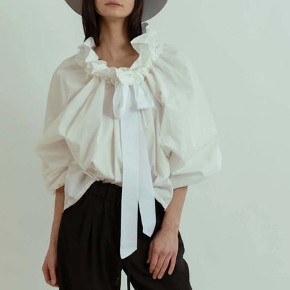 Elowenne Ruffle Tie Neck Cotton Blouse