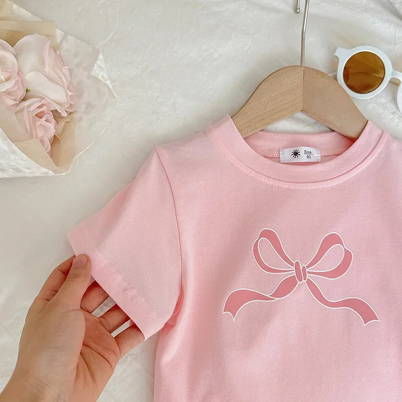 T-shirt Tops Baby Casual Korean Version of the Spring and Summer Girls Short Sleeve T-shirt Bow Children's