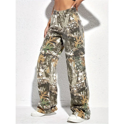 High Waist Women Straight Jeans Forest Style Print Loose Cargo Pants Korean Trend Denim Trousers Female Daily Casual Streetwear