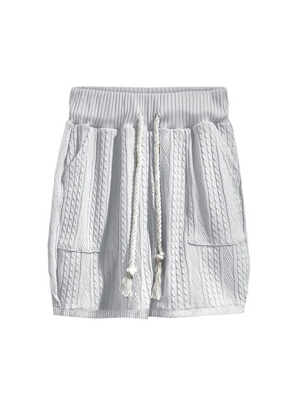 Lässiges Kabelstrick T-Shirt Set für Herren mit V-Ausschnitt und Shorts