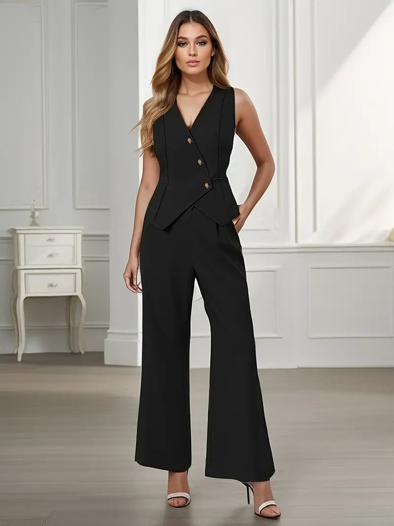 Adeline – Ensemble deux pièces tailleur avec gilet sans manches et pantalon large femme