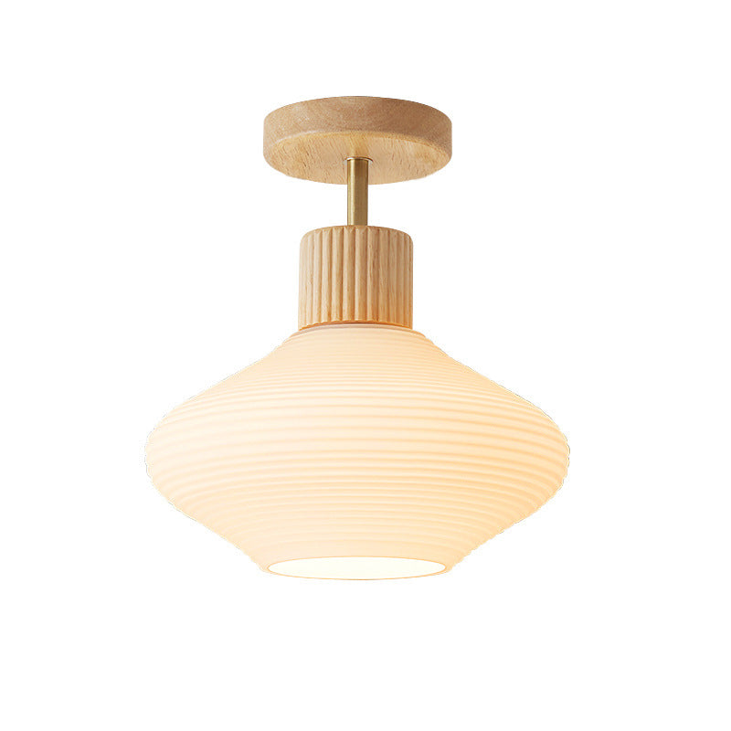 Moderne Japandi Plafondlamp – Walnoot & Hout met Glazen Kap