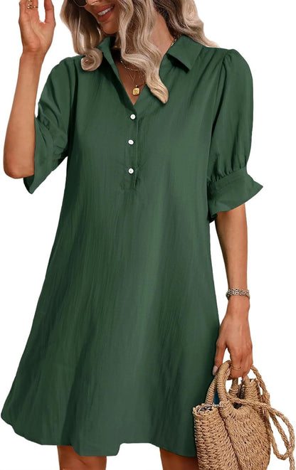 Women's Button-Down Shirt Dress 3/4 Sleeve Knee Length