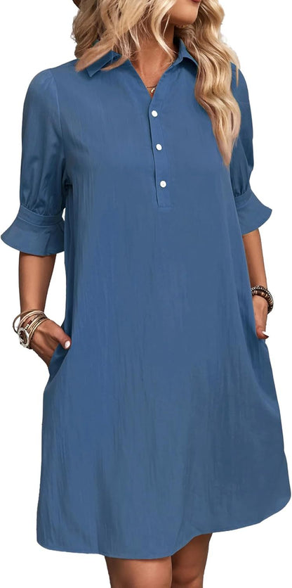 Women's Button-Down Shirt Dress 3/4 Sleeve Knee Length