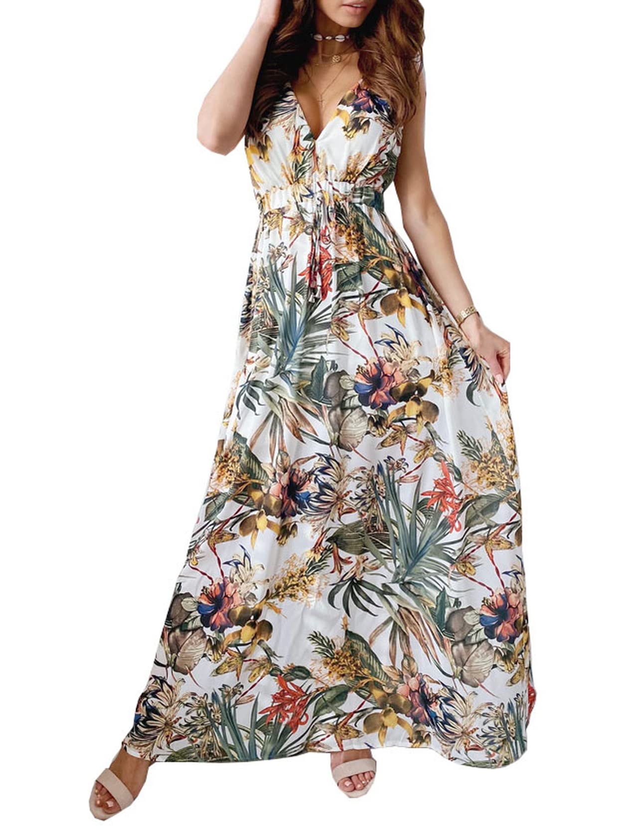 Windy Robe Maxi Femme – Col V Sans Manches, Taille Ajustable & Coupe Fluide Double Doublure Été