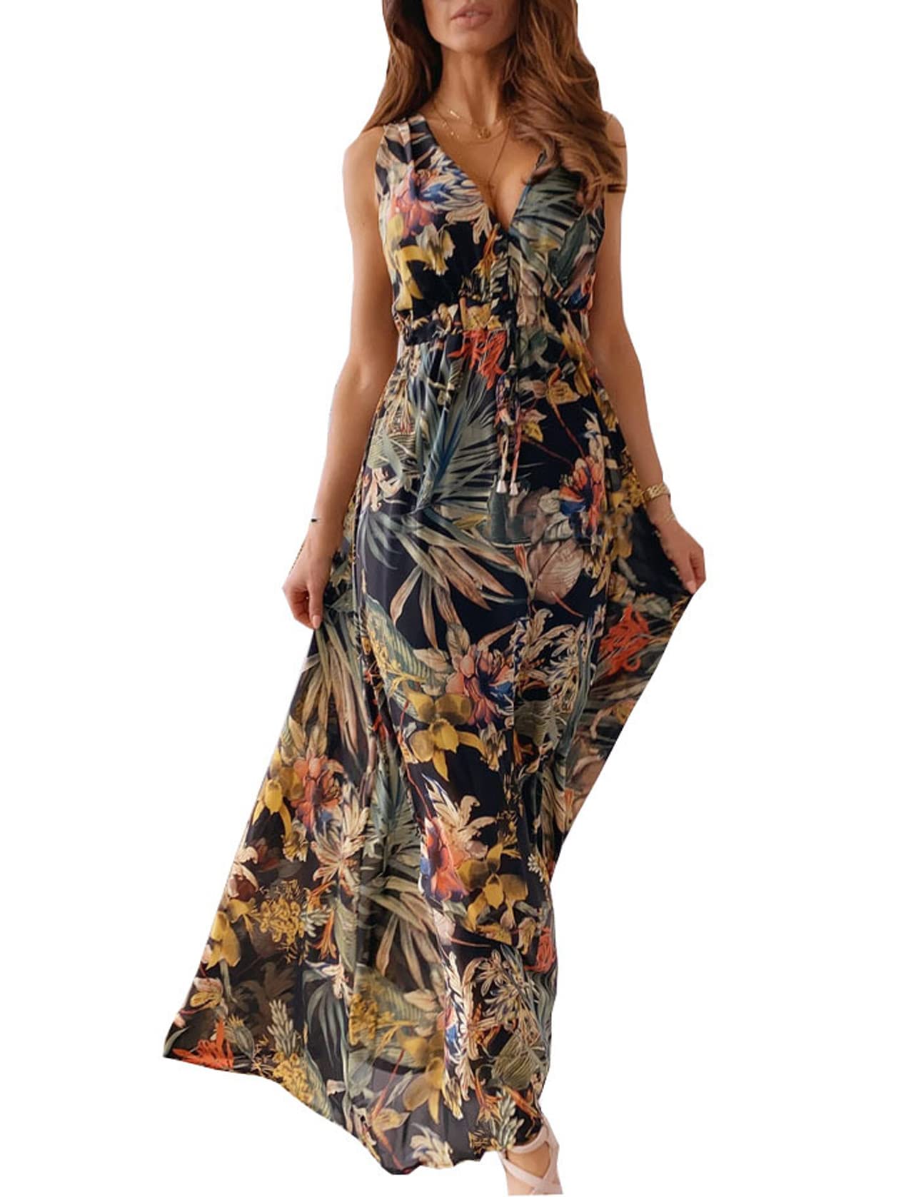 Windy Robe Maxi Femme – Col V Sans Manches, Taille Ajustable & Coupe Fluide Double Doublure Été