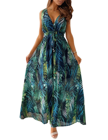 Windy Robe Maxi Femme – Col V Sans Manches, Taille Ajustable & Coupe Fluide Double Doublure Été