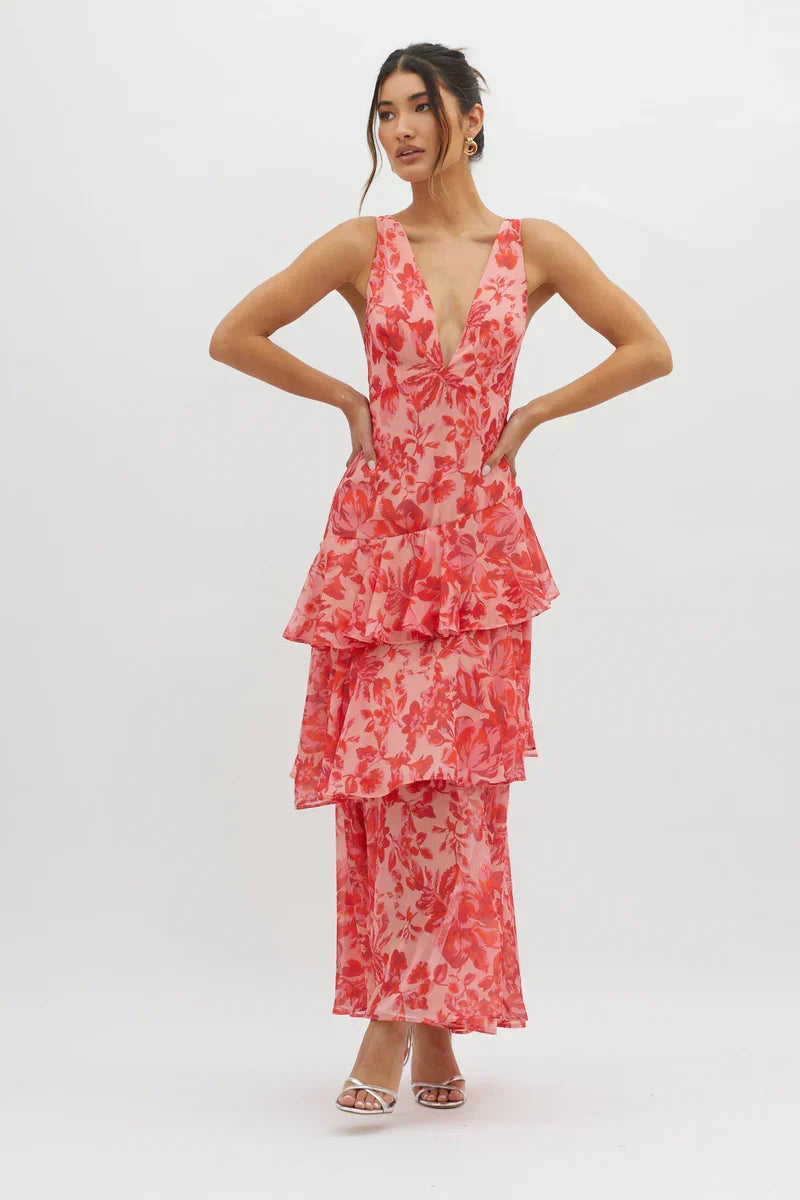 Lisa | Robe Midi Floral Corail – Élégance Fluide et Romantique