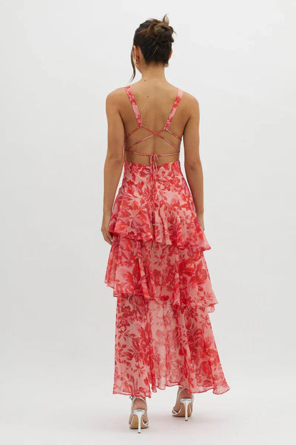 Lisa | Robe Midi Floral Corail – Élégance Fluide et Romantique