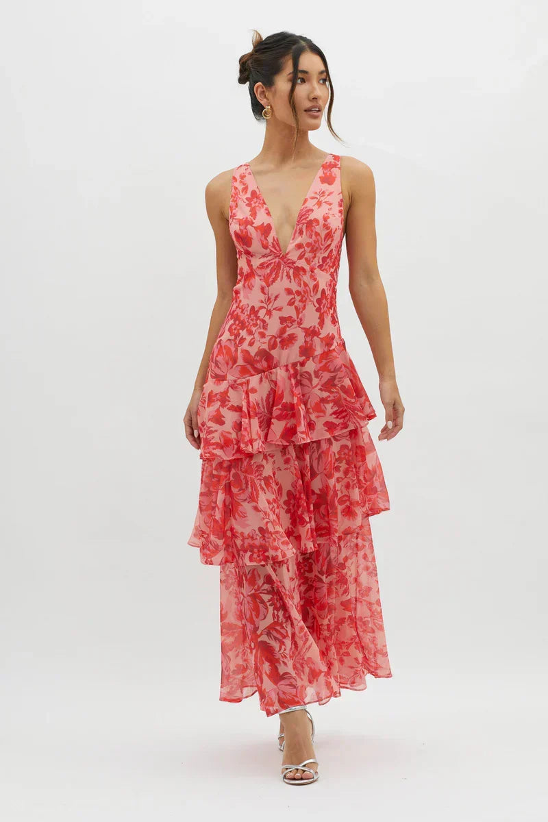 Lisa | Robe Midi Floral Corail – Élégance Fluide et Romantique