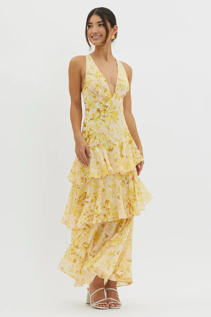 Lisa | Robe Midi Floral Corail – Élégance Fluide et Romantique