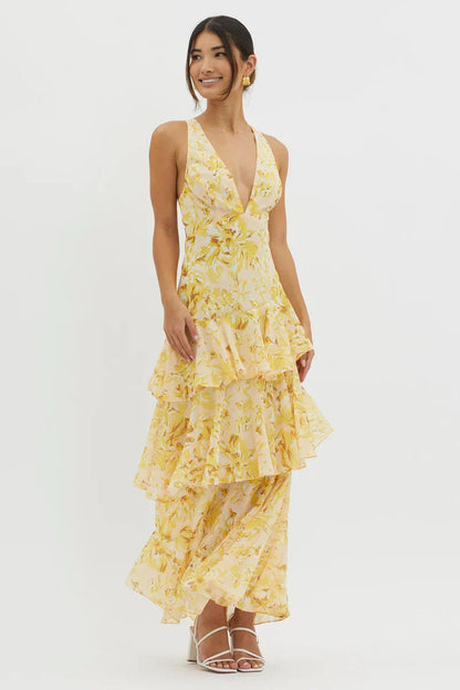 Lisa | Robe Midi Floral Corail – Élégance Fluide et Romantique