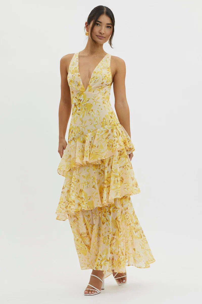 Lisa | Robe Midi Floral Corail – Élégance Fluide et Romantique