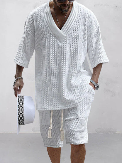 Men's Knit Two-Piece V-Neck Shirt Relaxed Fit Shorts Co-ord Set