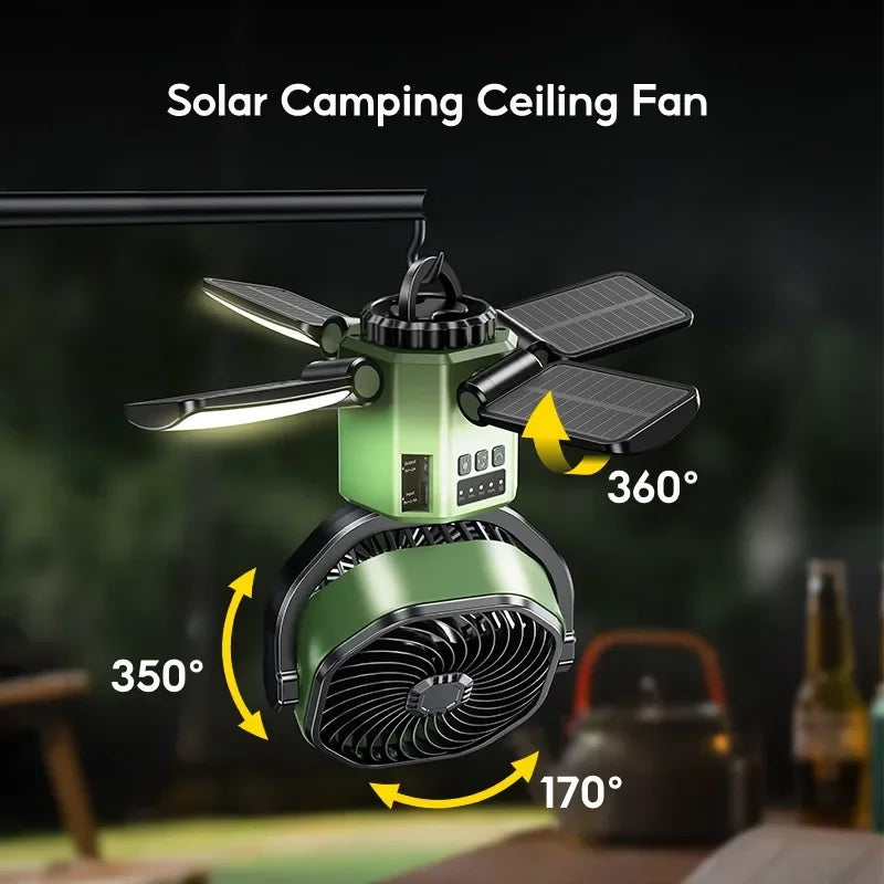 Solar Camping Fan mit 6000mAh Batterie, LED Licht & 4-Geschwindigkeits-Kühlung – SunBreeze