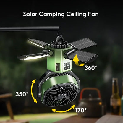 Solar Camping Fan mit 6000mAh Batterie, LED Licht & 4-Geschwindigkeits-Kühlung – SunBreeze