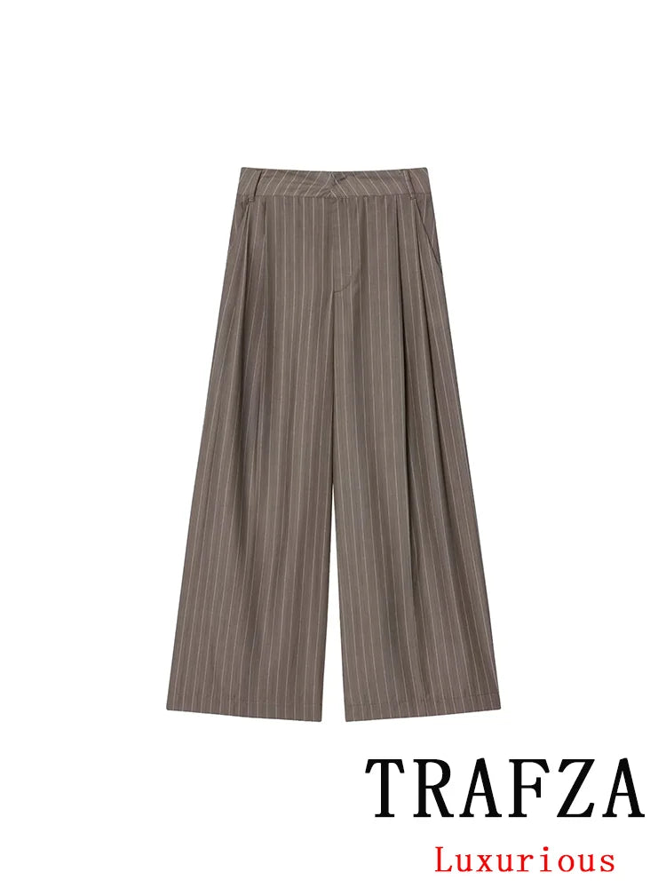 KONDALA Office Lady Chic Brown Suits V Neck Striped Loose Blazer High Waist Wide Leg Pants Fashion 2025 Fall Casual WOmen Suits