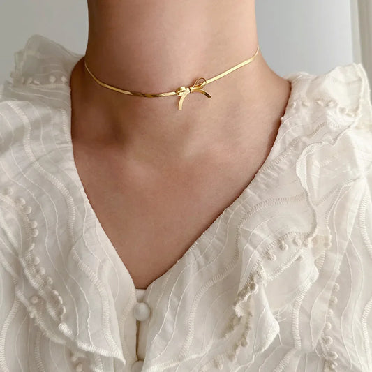 316L Stainless Steel Bow Collarbone Snake Bone Chain Necklace Casual Personality Girl Exquisite Jewelry Gift Party Accessories