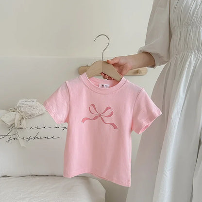 T-shirt Tops Baby Casual Korean Version of the Spring and Summer Girls Short Sleeve T-shirt Bow Children's