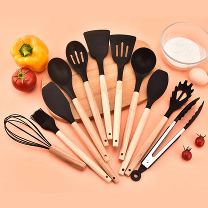 ChefEase – 12-Piece Silicone Kitchen Utensil Set with Wooden Handles