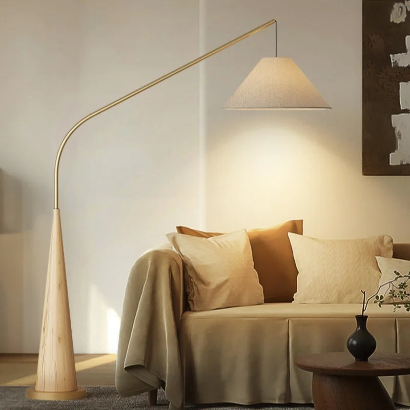LumiArc – Luxe Houten Boogvloerlamp met Stoffen Kap