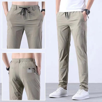 New Pants Spring Summer Mens Thin Casual Lightweight Slim Straight Trousers Elastic Ice Silk Business Casual Fashion Man Pants