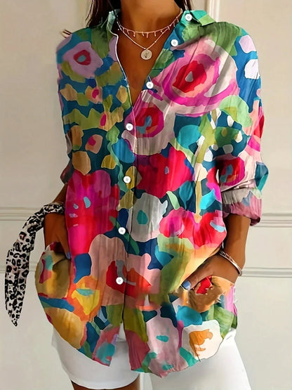 Women Colorful Floral Button Front Blouse
